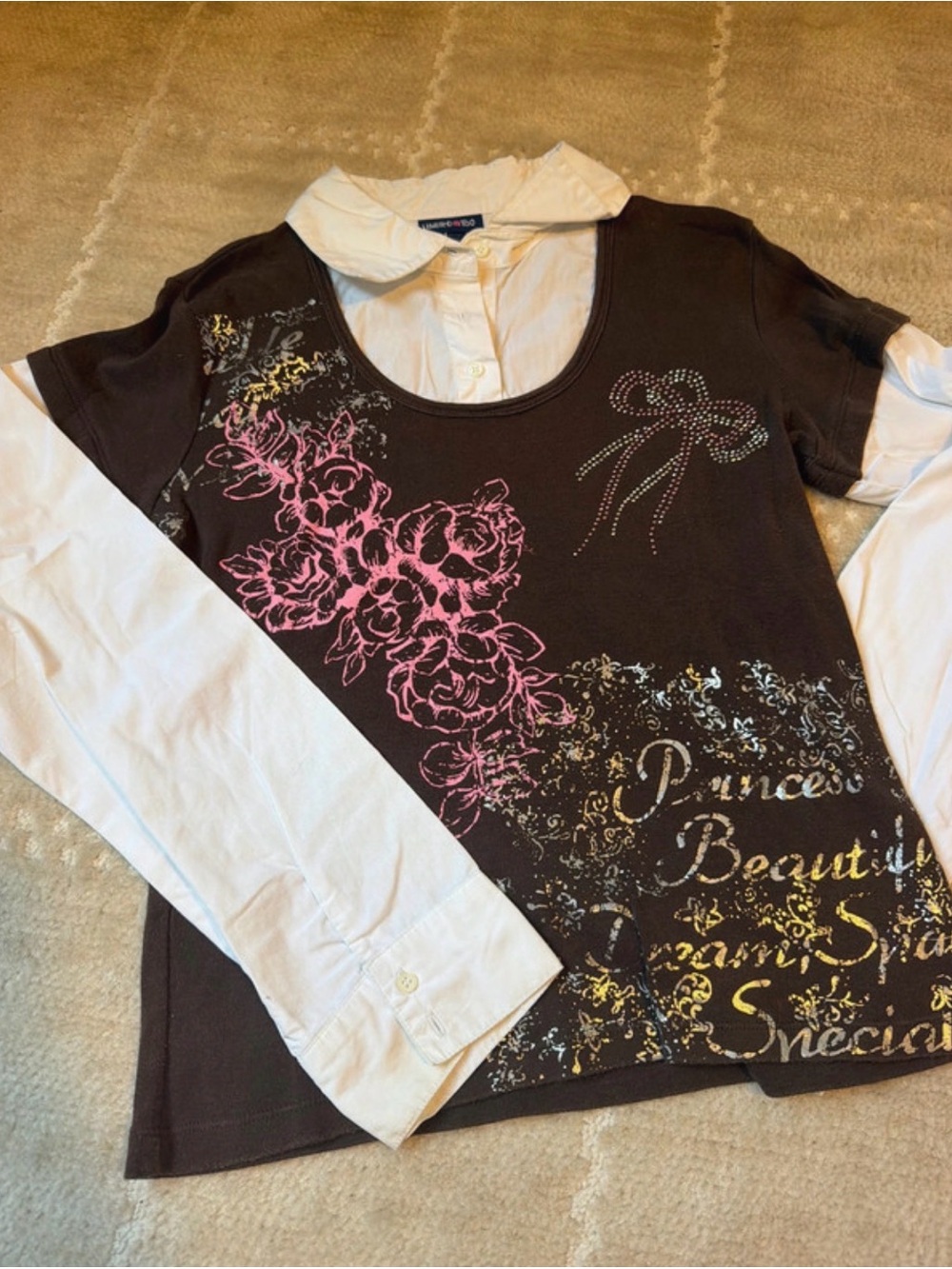 Y2K Girls layered Floral Top with White Shirt Collar